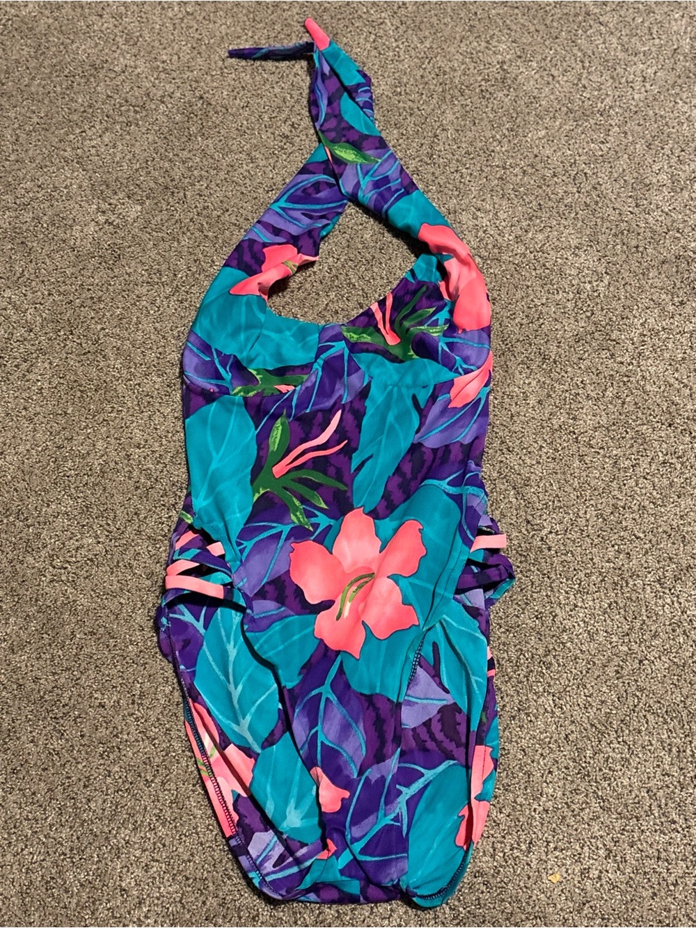 Vintage Halter One-Piece Swimsuit in Teal, Purple & Pink Floral